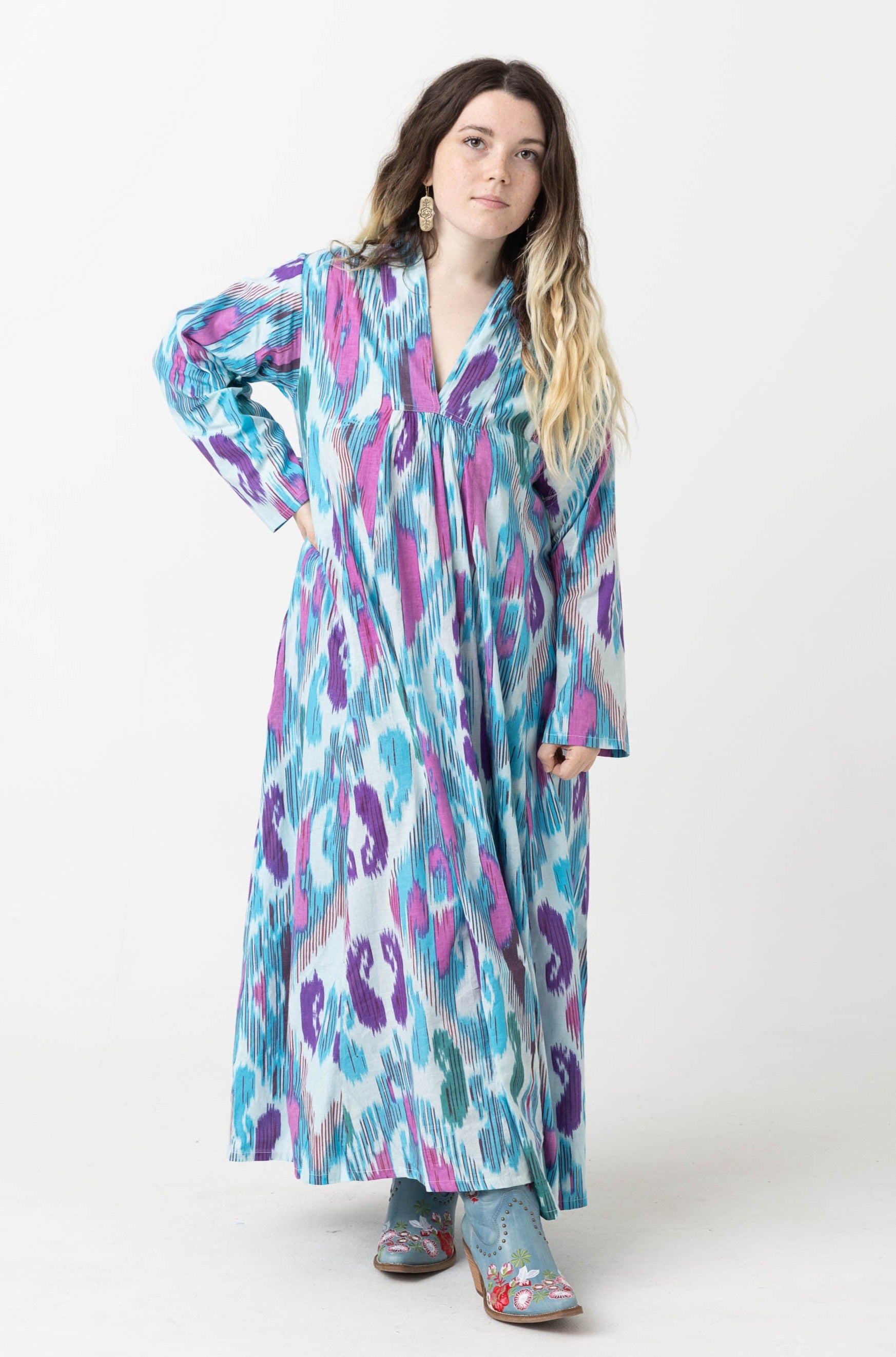 Cotton Kaftan Dress:  Blue, Purple & Pink Paint Pattern (S)