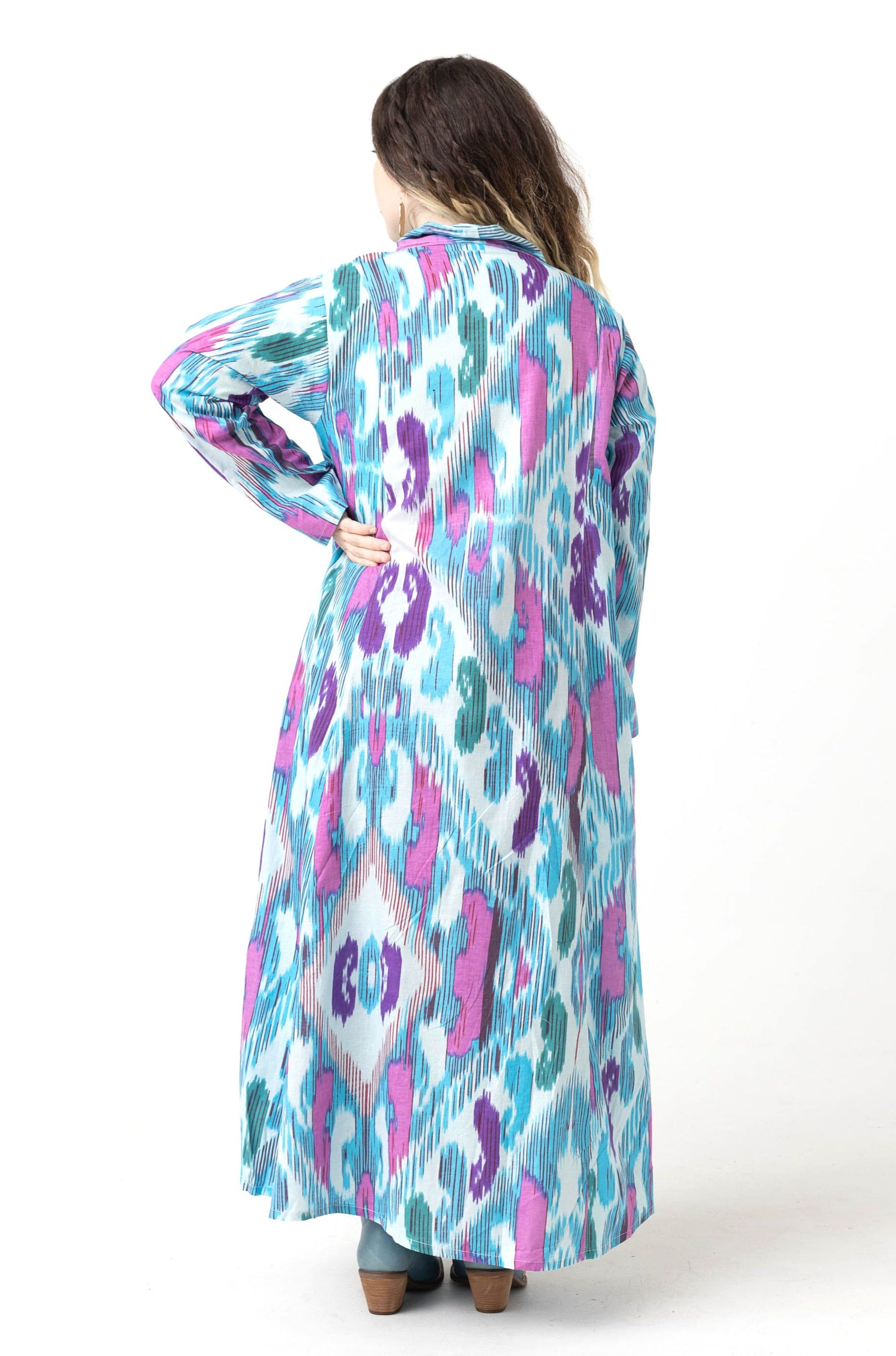 Cotton Kaftan Dress:  Blue, Purple & Pink Paint Pattern (S)