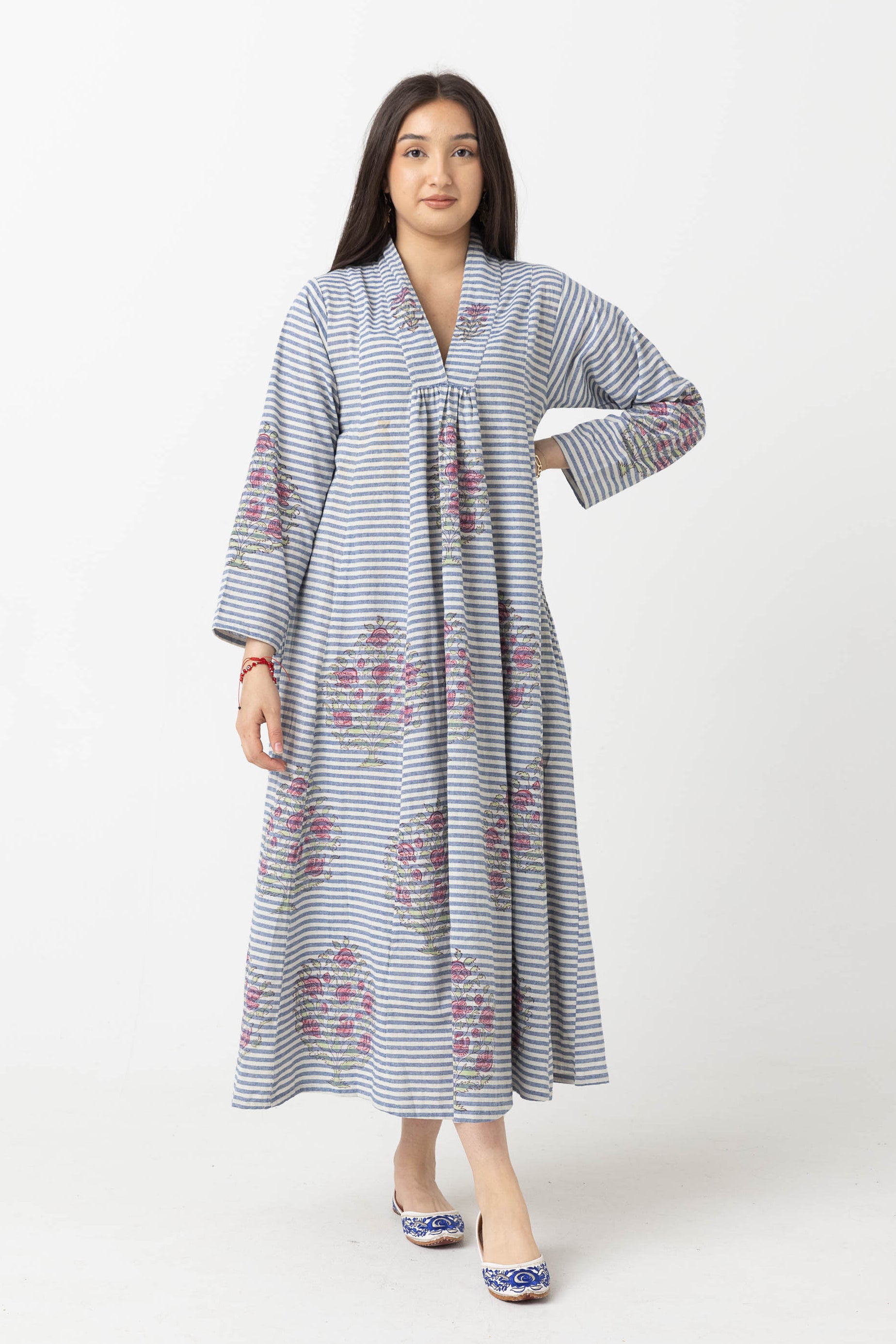 Handwoven Block Print Kaftan:  Blue & White Stripe with Pink Floral (S)