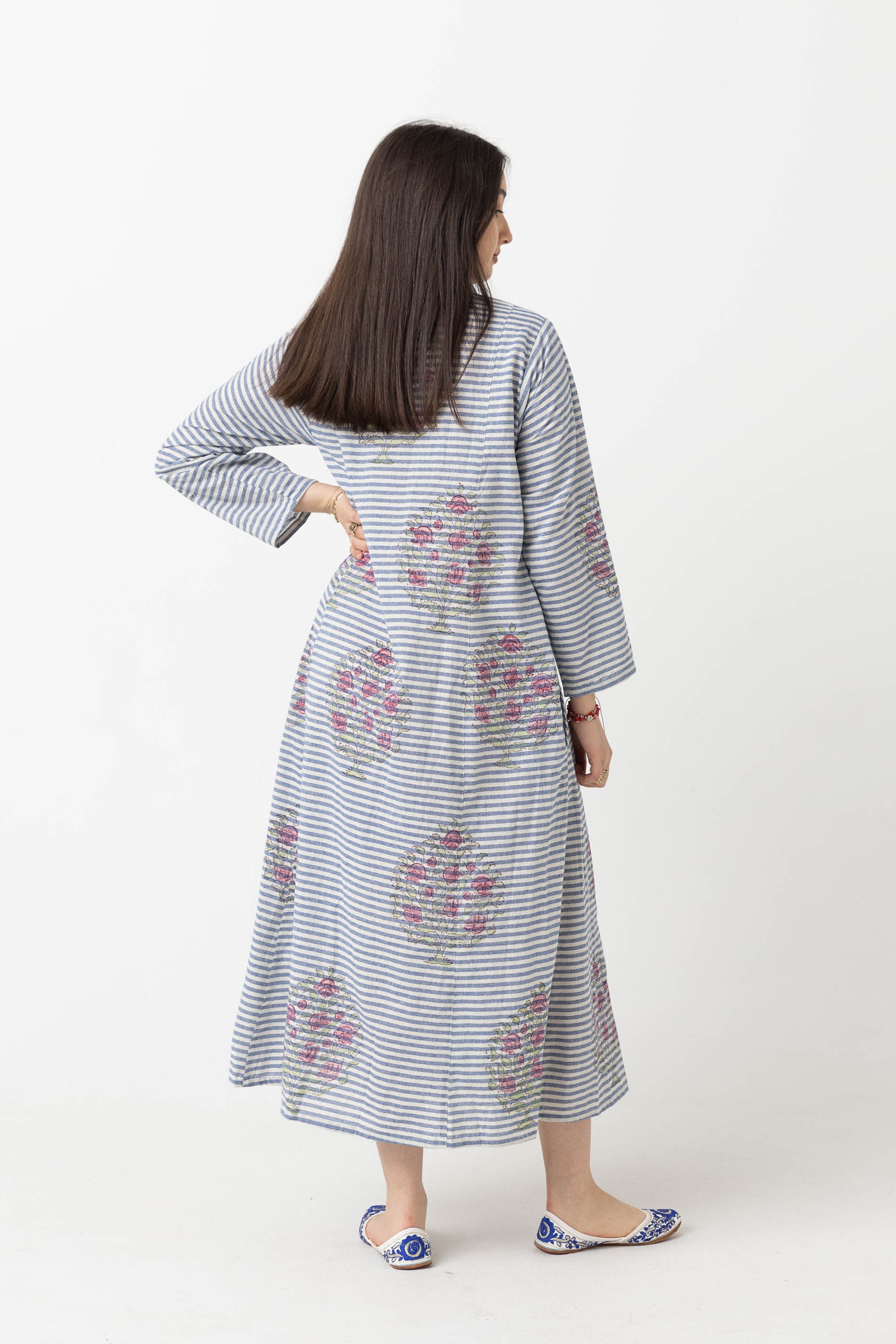 Handwoven Block Print Kaftan:  Blue & White Stripe with Pink Floral (S)