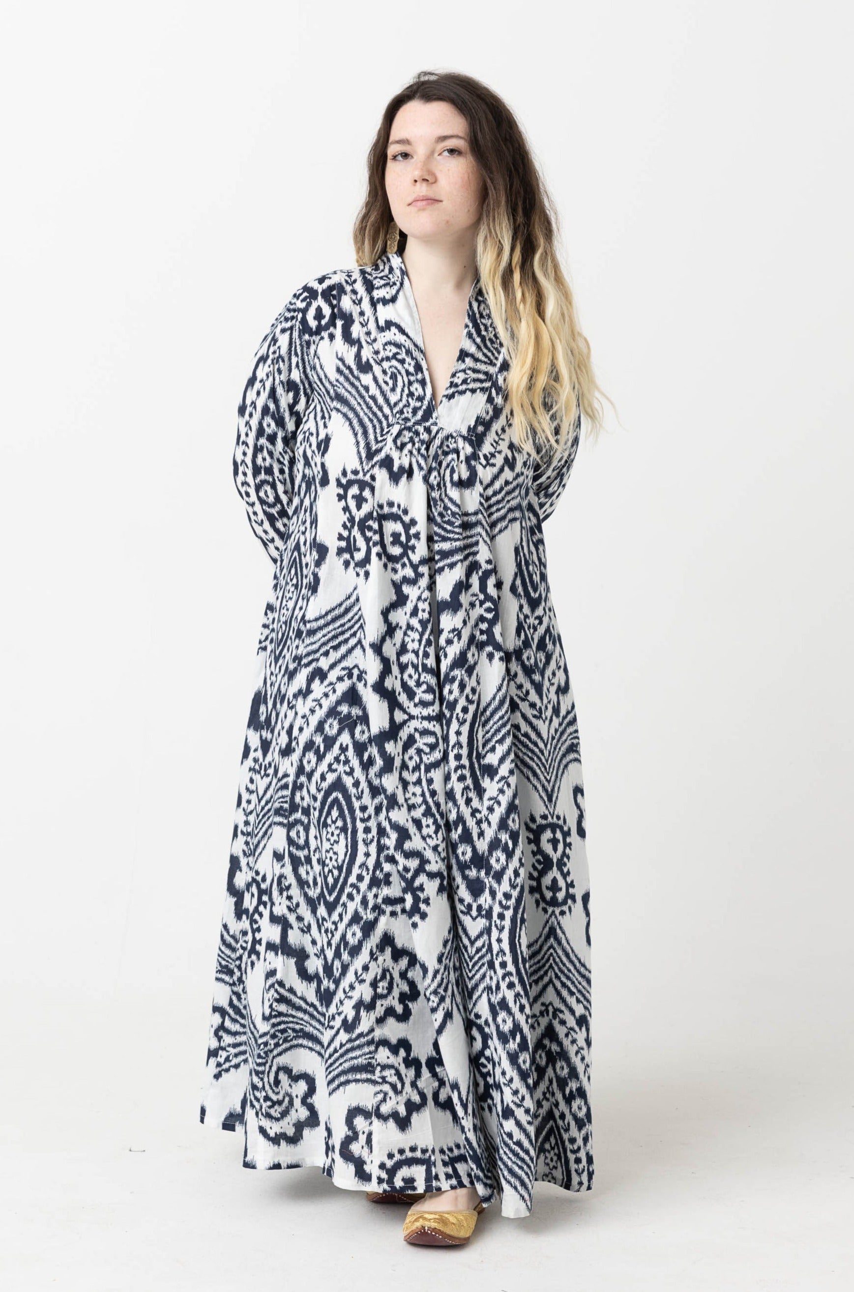 Cotton Kaftan Dress:  Black/White Pattern (M)