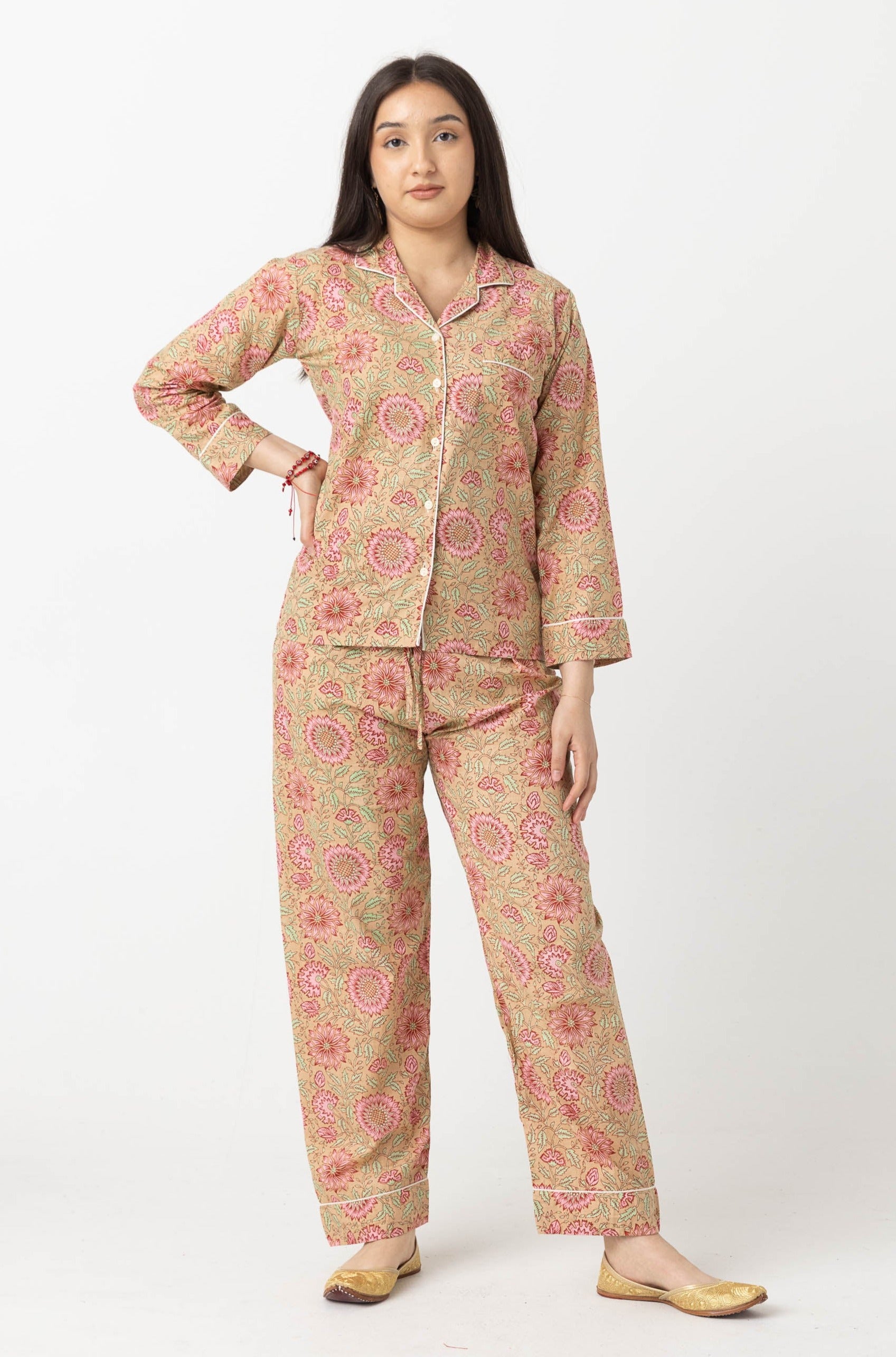 Block Print Pajama Set -  Tan & Pink Floral, Size 36 (S)