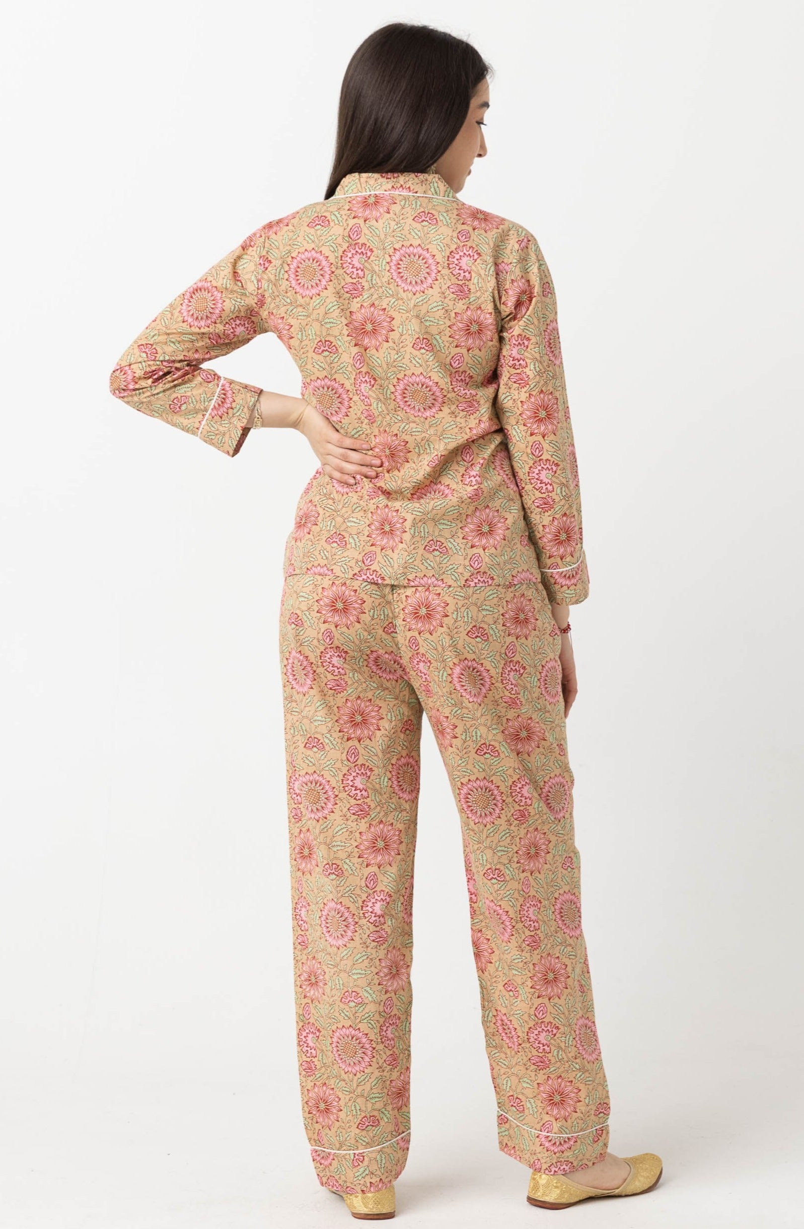 Block Print Pajama Set -  Tan & Pink Floral, Size 36 (S)