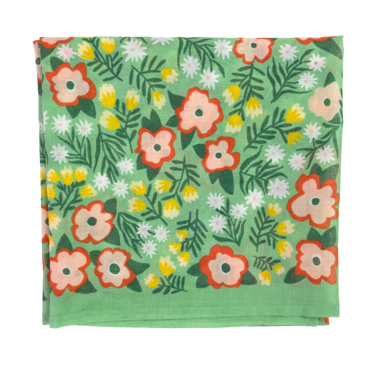 A folded green cotton bandana featuring a retro floral pattern with pink, orange, and white flowers, yellow accents, and green leaves.
