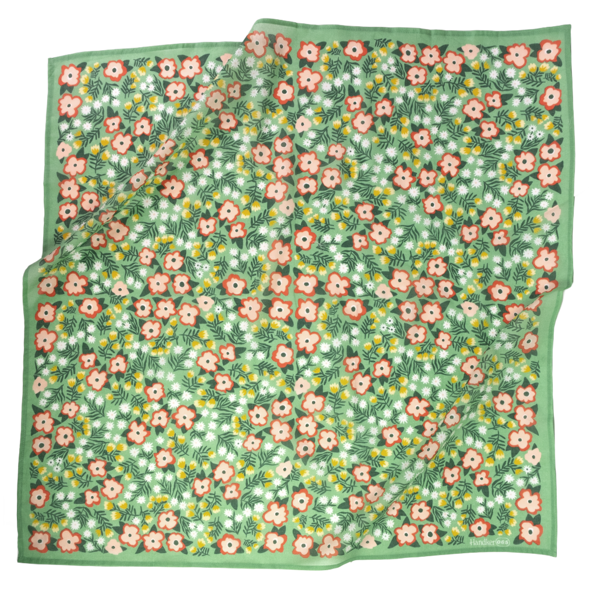 A square cotton bandana with a dense floral print featuring pink, orange, and yellow flowers with green leaves on a light green background, finished with a solid light green border.