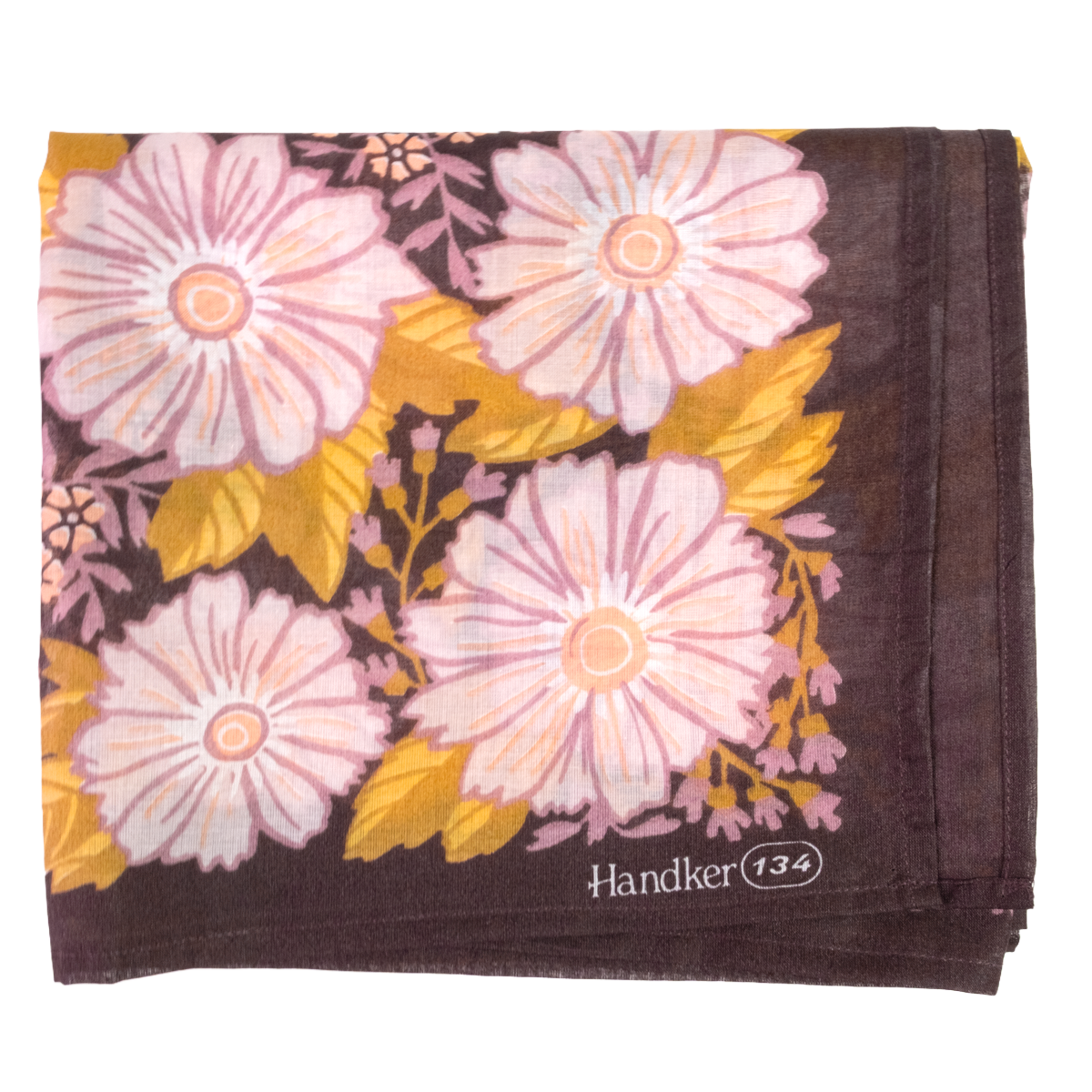 A folded vintage-style floral bandana, featuring large light pink flowers with yellow leaves on a dark brown base, with the brand name 'Handker 134' printed in white near the bottom right corner.