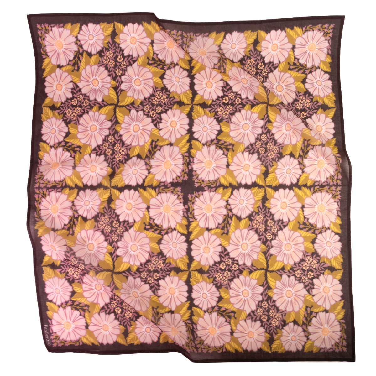 A square bandana or scarf featuring a repeating floral pattern with pink daisy-like flowers, yellow-green leaves, and a dark brown border.