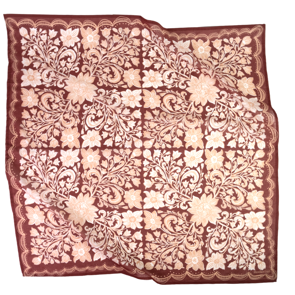 A square cotton bandana or scarf featuring an intricate floral and scroll pattern in cream and light pink on a deep burgundy background, with a decorative border.
