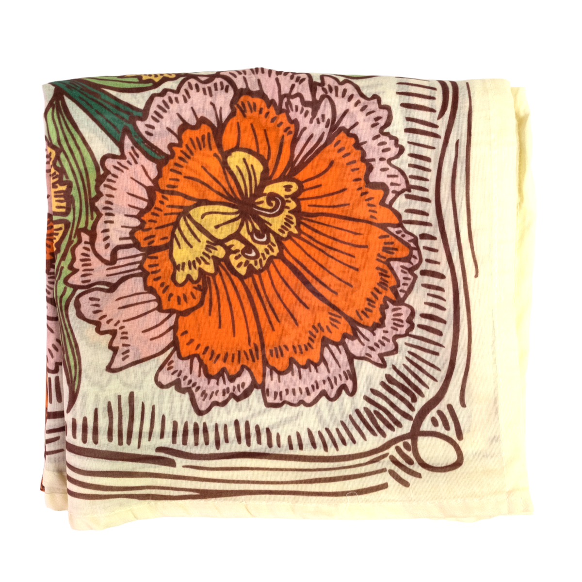 A square cotton scarf or bandana featuring a vintage-style floral print with a prominent orange flower, pink and yellow petals, and brown linework on a cream background.