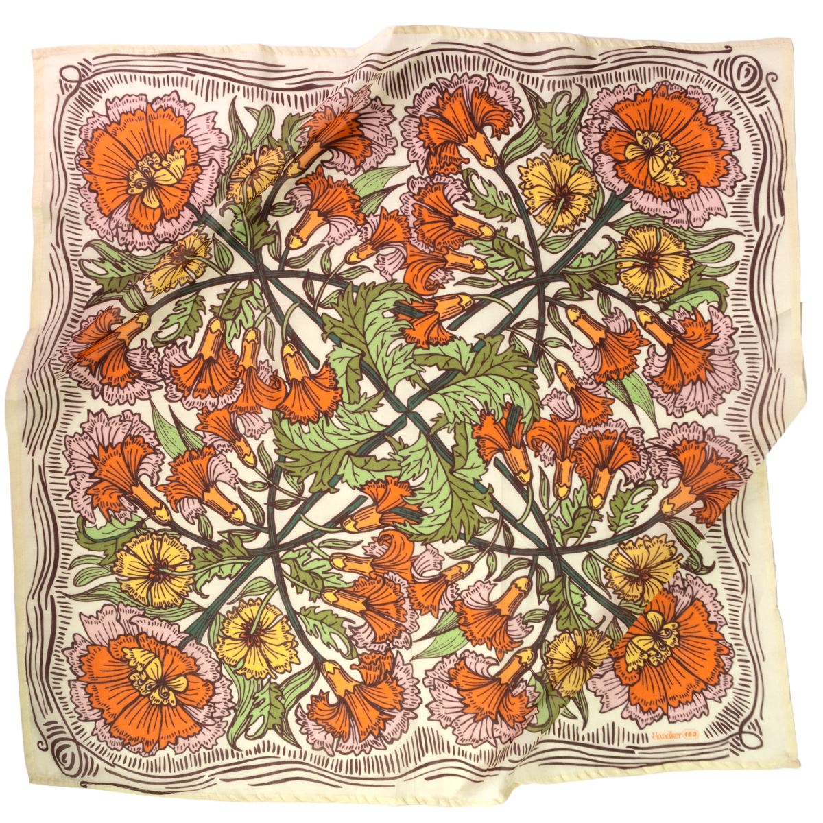 A square cotton bandana featuring a vintage botanical pattern of orange poppies, yellow centers, and green leaves on a cream background with a dark brown border.
