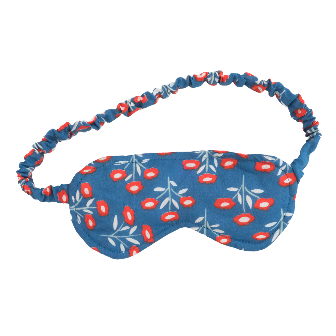 Blue fabric sleep mask with elastic ruched strap and red-and-white floral print