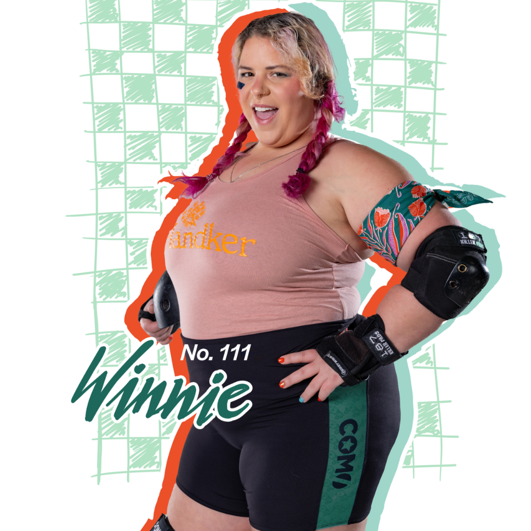 Roller derby skater posing with protective gear and braided hair, background with checkered pattern.