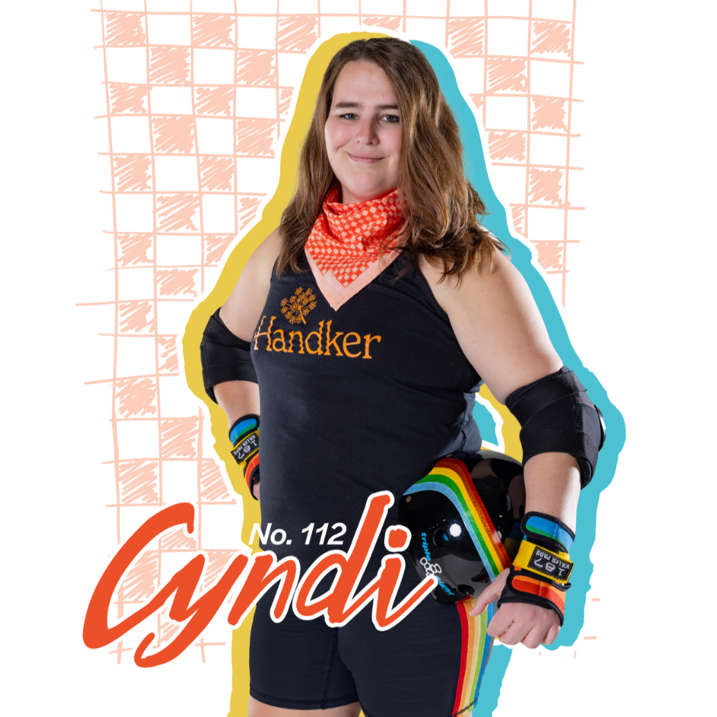 Person wearing roller derby gear with the text 'Cyndi, No. 112'