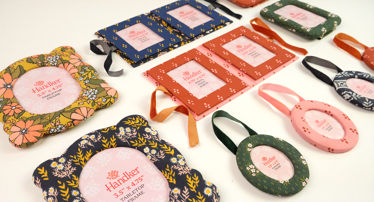Collection of Handker photo frames in various sizes and colorful patterns