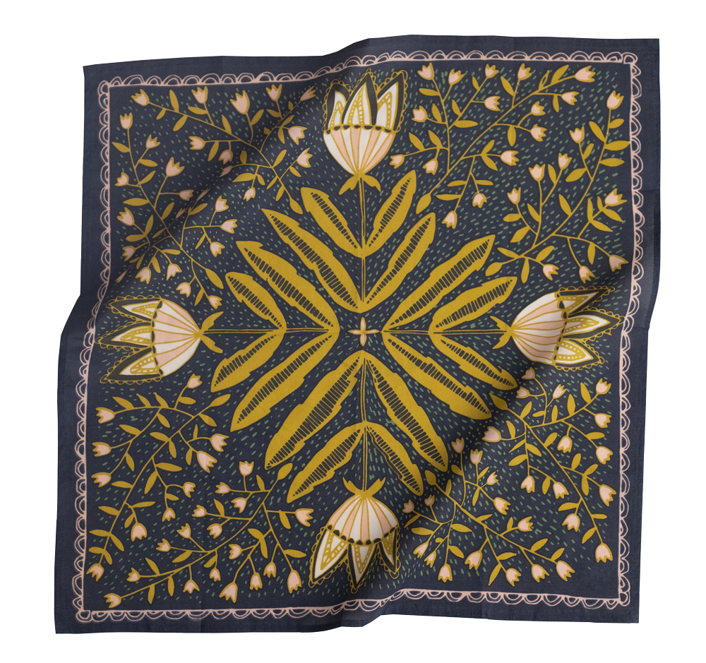 Square scarf with floral and leaf pattern in gold and white on a dark background.