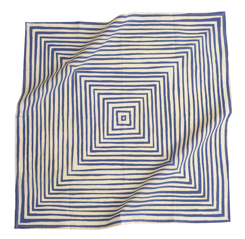 Square textile with blue concentric squares pattern