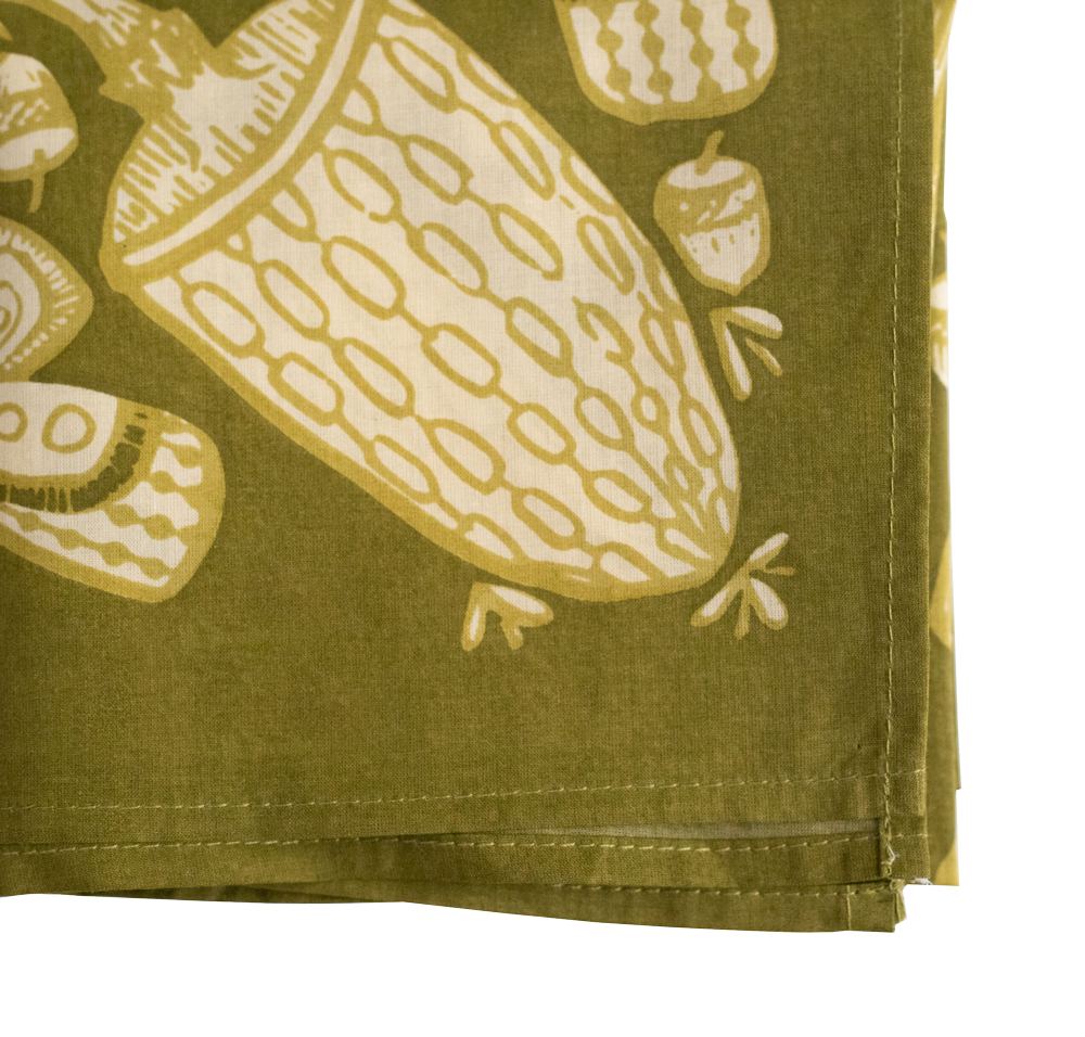 Close-up of a green fabric with a vegetable print design