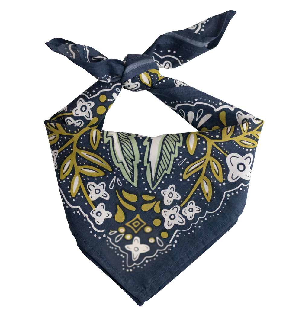 Blue and green floral patterned bandana tied at the top