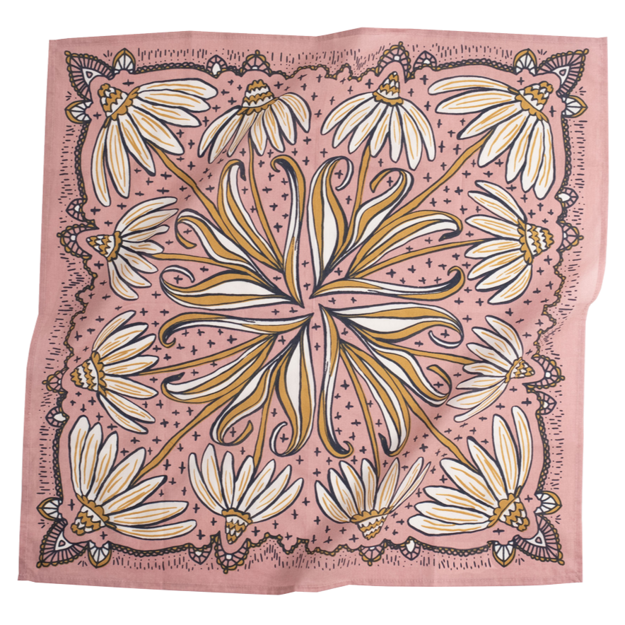 Pink bandana with a floral pattern featuring daisies and intricate designs.