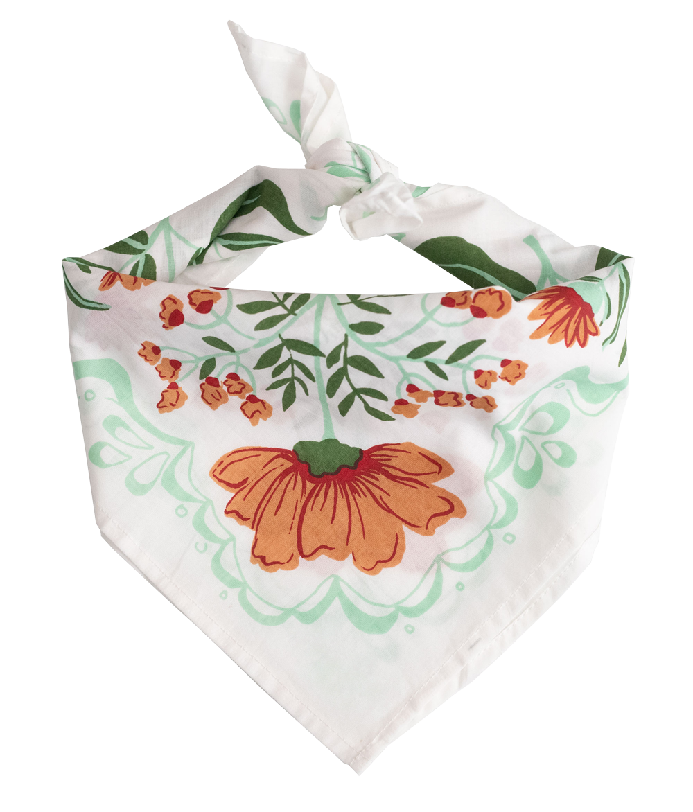 Floral patterned bandana with orange and green design