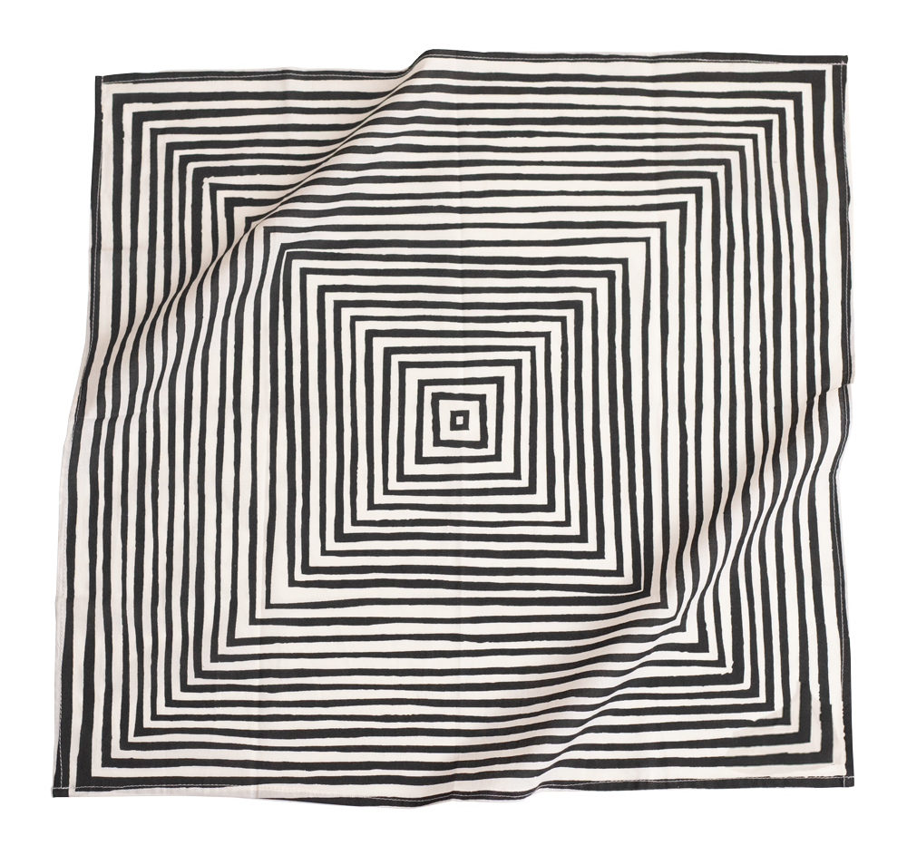 Square cloth with concentric black and white stripes, slightly wrinkled.
