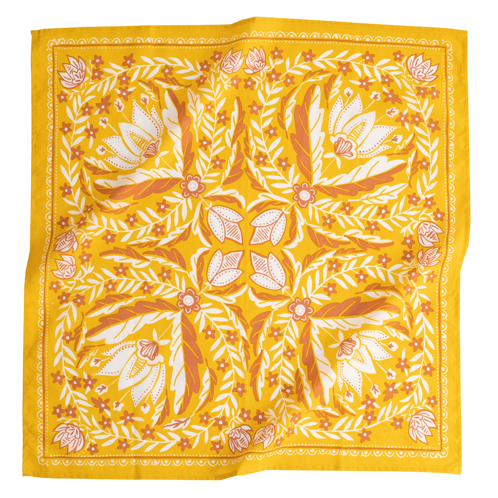 Yellow square scarf with floral and leaf pattern