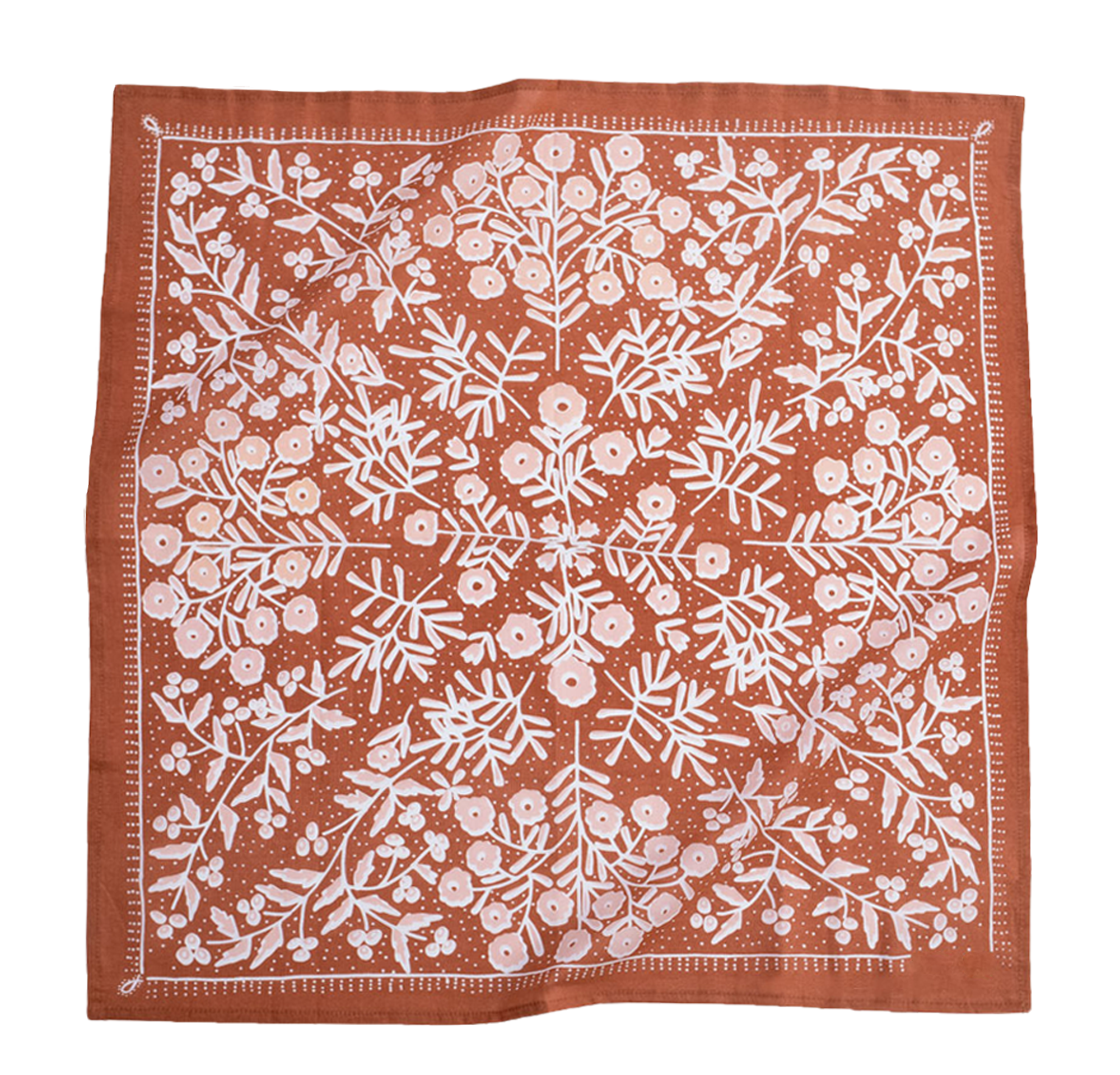 Square textile with intricate white floral pattern on a brown background.