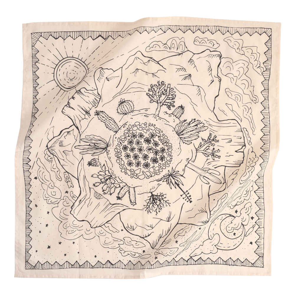 Intricate line drawing of plants and mountains on a fabric square.
