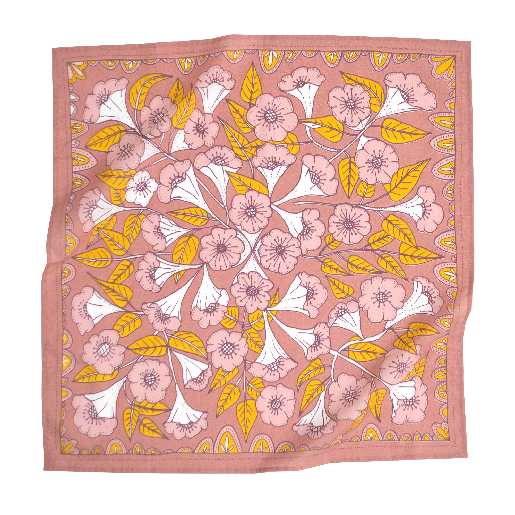 Square cotton scarf with pink background and stylized floral pattern of white trumpet blooms and yellow leaves