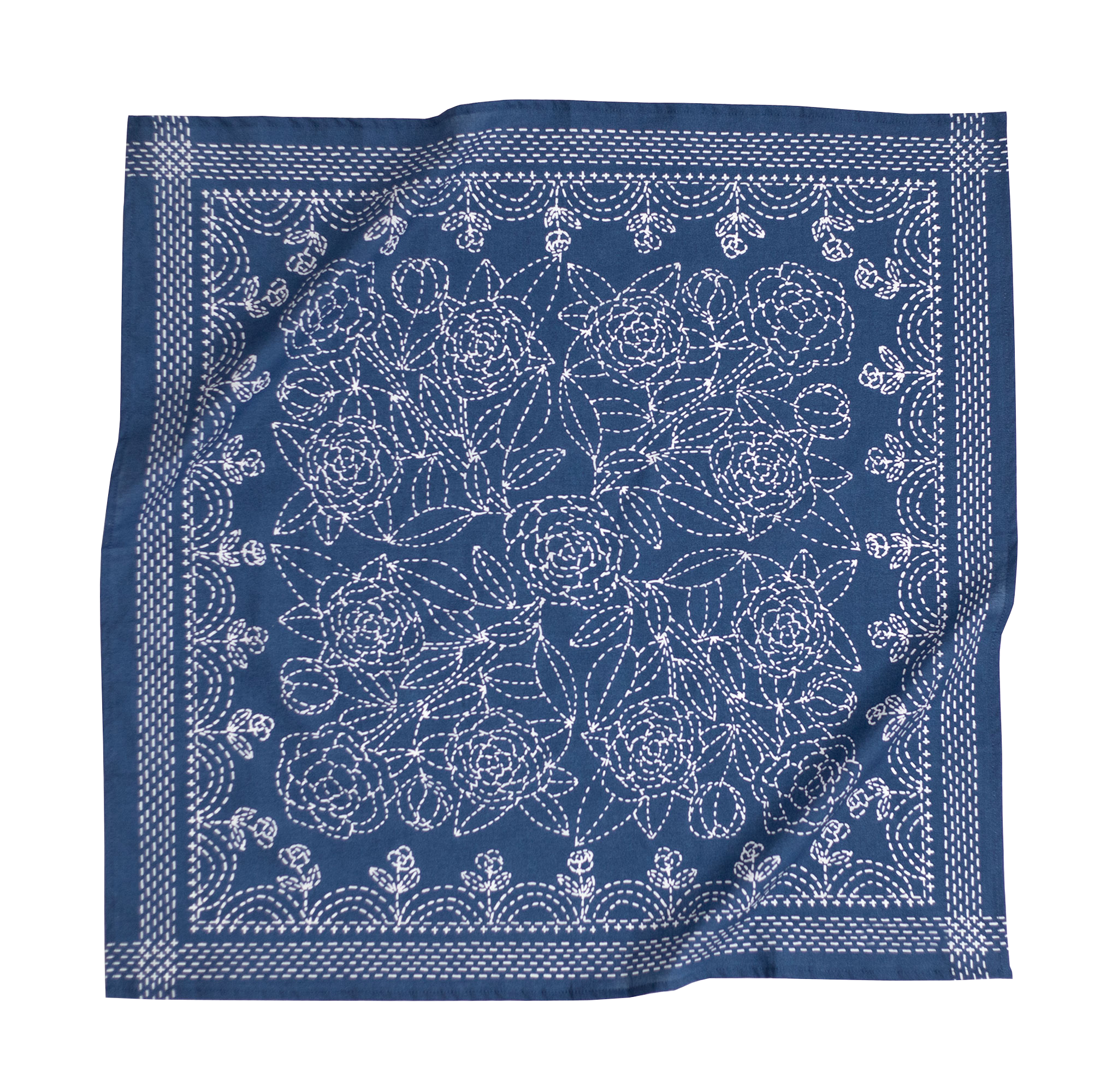 Blue bandana with intricate white floral pattern