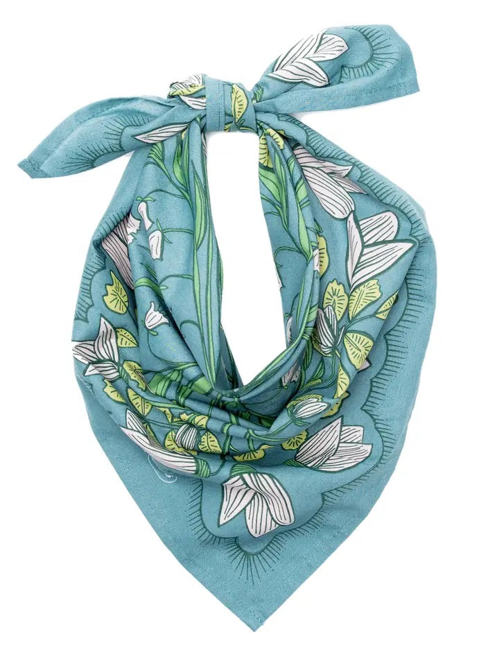 Folded triangular view of Cassie bandana tied at top showing teal floral print on white background