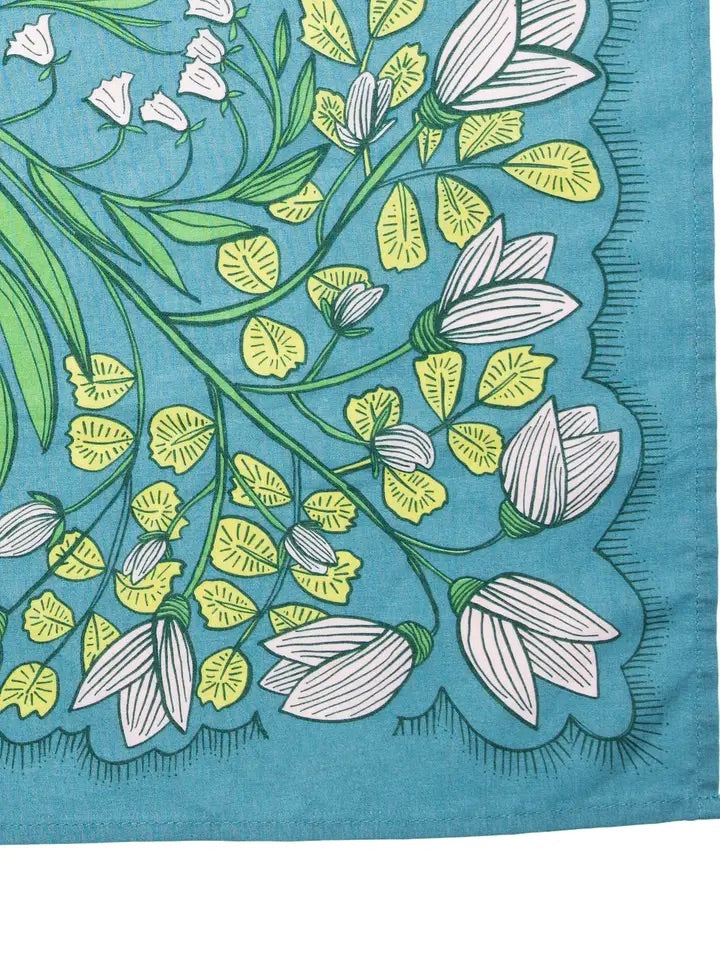 Close-up of No 096 Cassie bandana corner showing teal background with pink and yellow floral print and scalloped edge