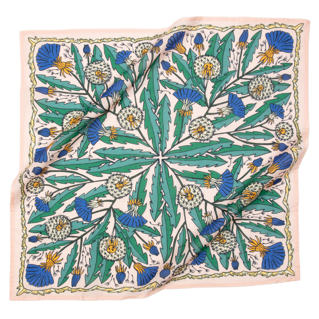 Square pale-pink silk scarf printed with radial green leaves, blue poppy-like flowers and white dandelion seedheads, corner folded.