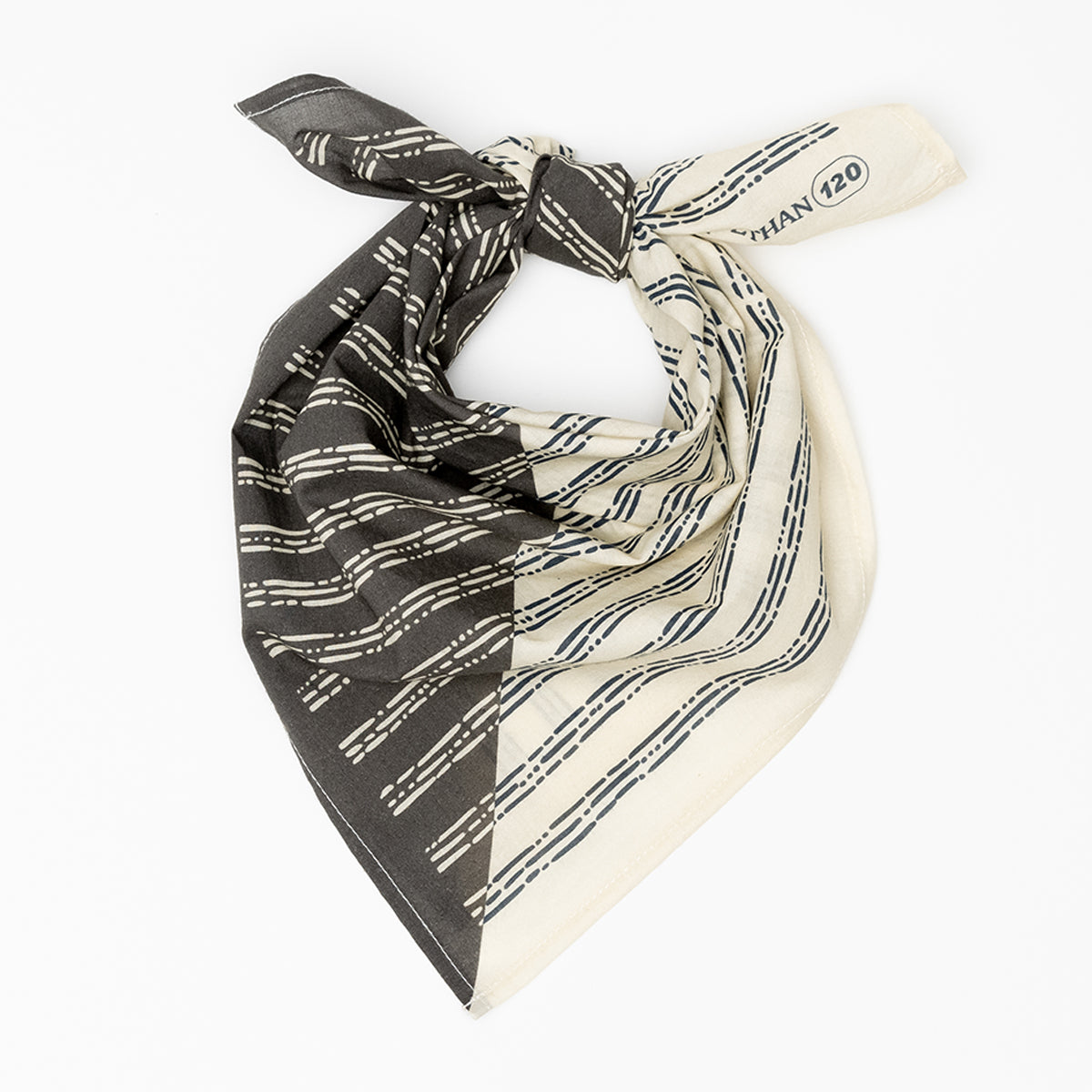 Black and white patterned bandana with text detail