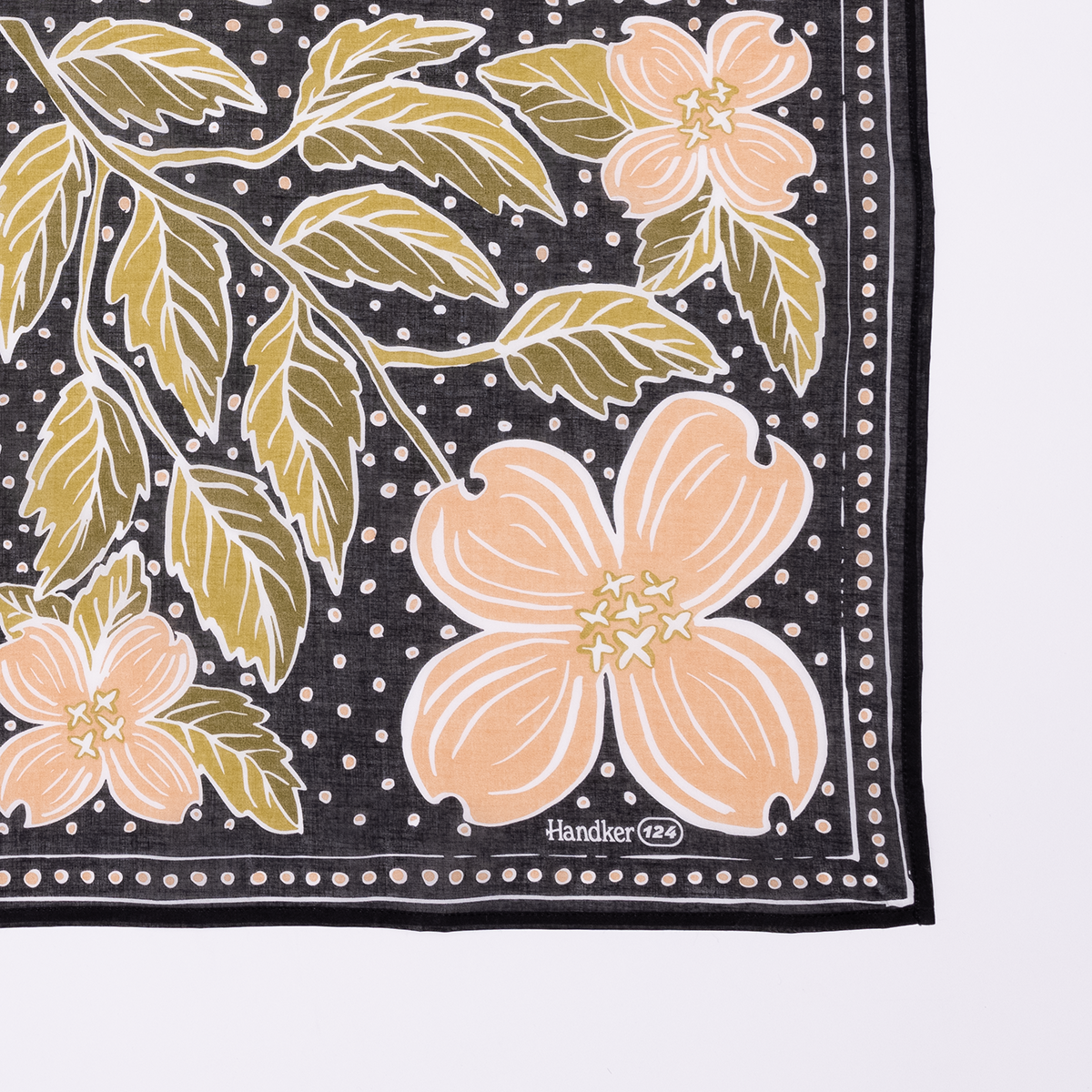 Floral patterned textile with pink flowers and green leaves on a black bandana, bandanna, scarf, handkerchief | Amy wild rag by Handker Bandanas