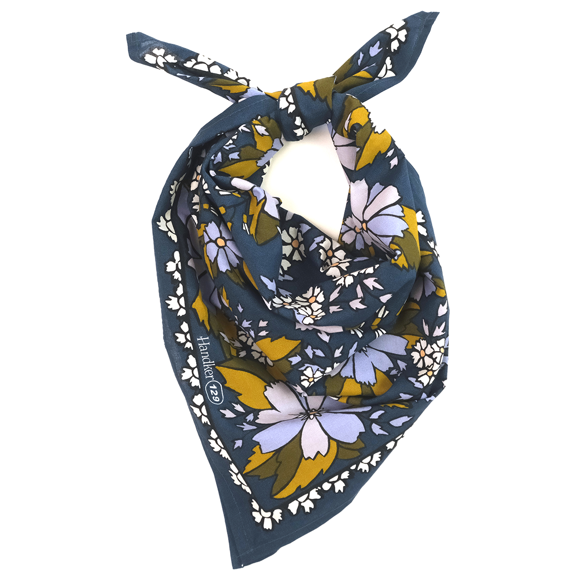 Folded triangular view of Chicory bandana showing dark blue background with purple and lilac flowers and olive-green leaves on white background