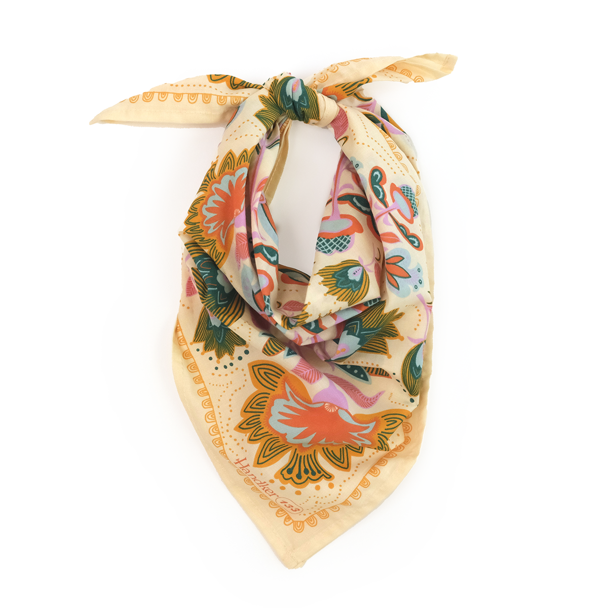 Top-down of No. 133 Ingrid bandana folded and knotted, cream background with teal, purple, yellow, and orange floral pattern on white
