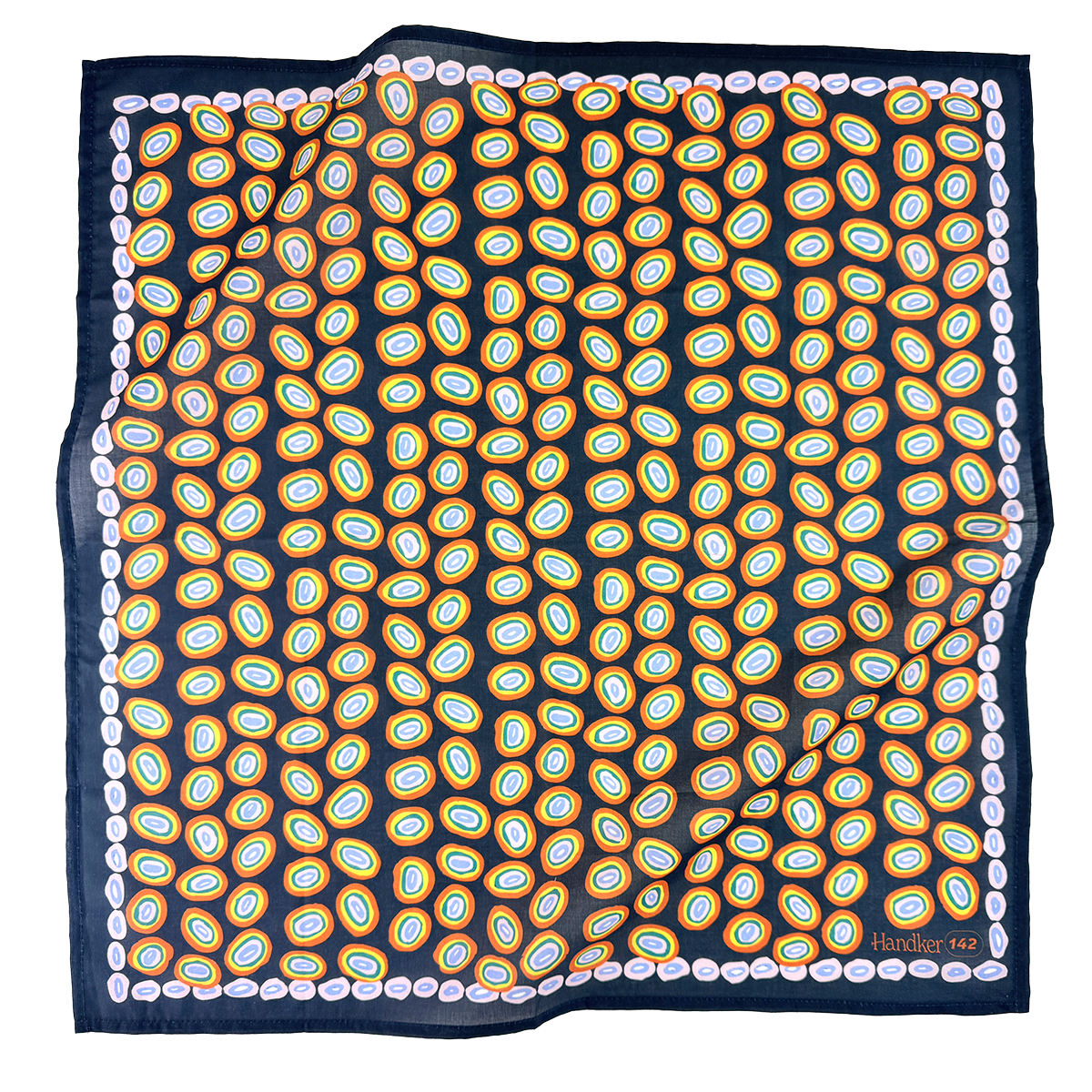 Navy silk pocket square with repeating orange, yellow and blue oval motifs, pale border and Handker 142 label at lower right