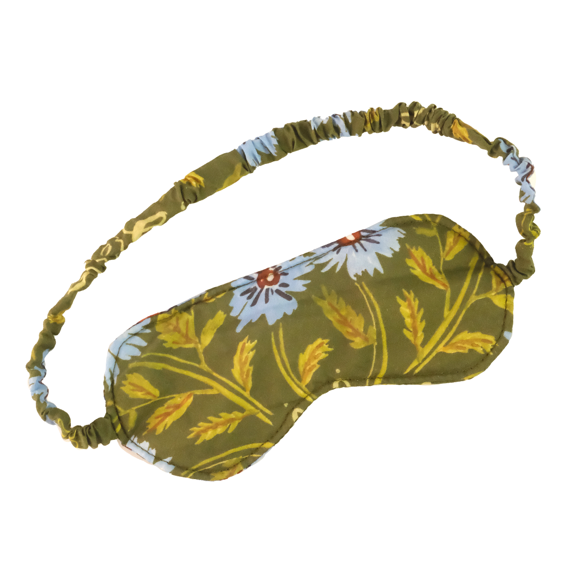 Olive-green floral sleep mask with elastic ruched strap and blue daisy pattern