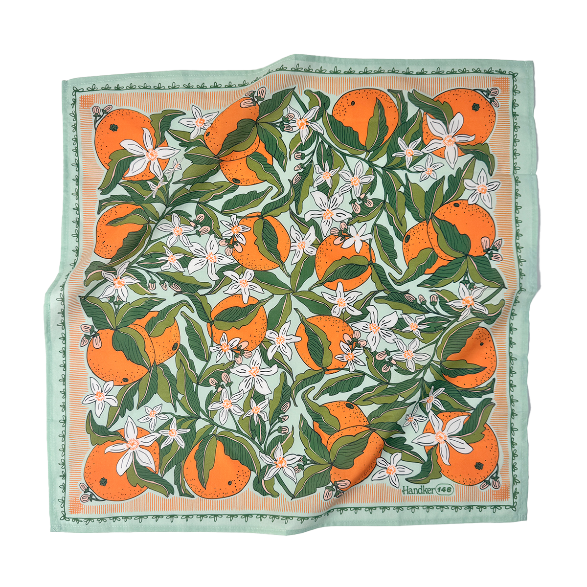 Square bandana with oranges and white florals on a mint background