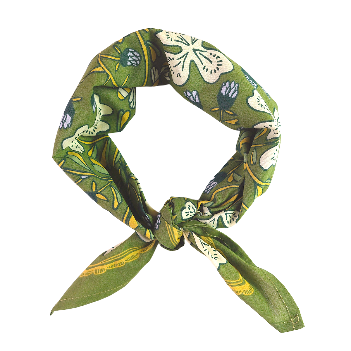 Tied 3/4 view of No. 152 Josephine bandana showcasing grass-green floral print and knotted styling on white background