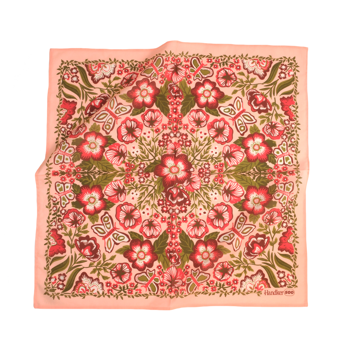Square pink handkerchief with symmetrical red and green floral and butterfly print; Handker 500 label at lower-right corner.
