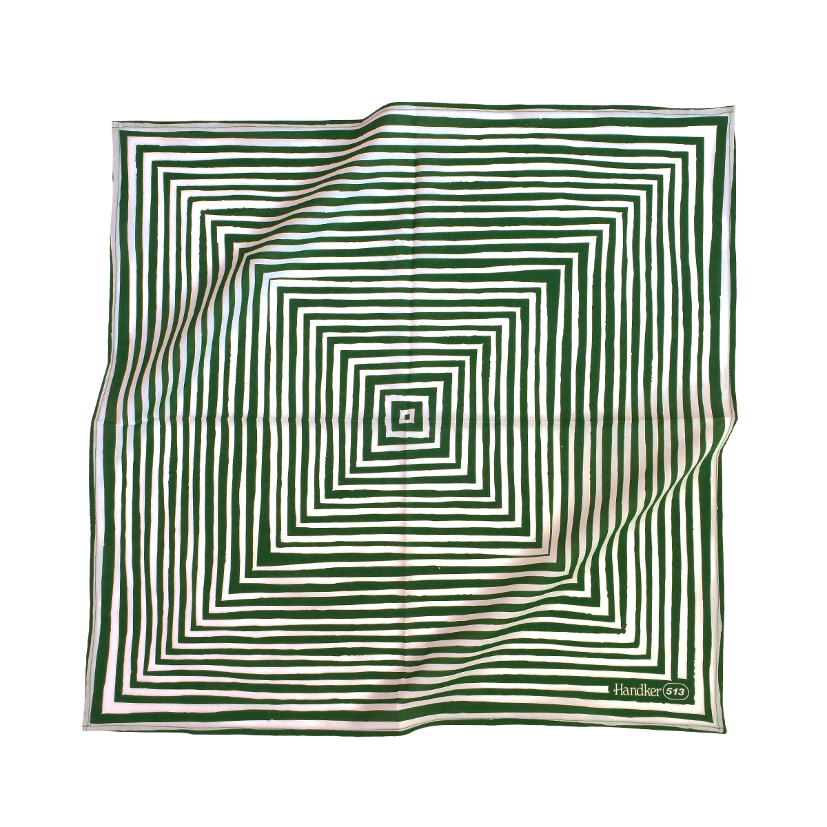 Square silk scarf with green-and-white concentric square stripes and wrinkles; label Handker 513 at lower right.
