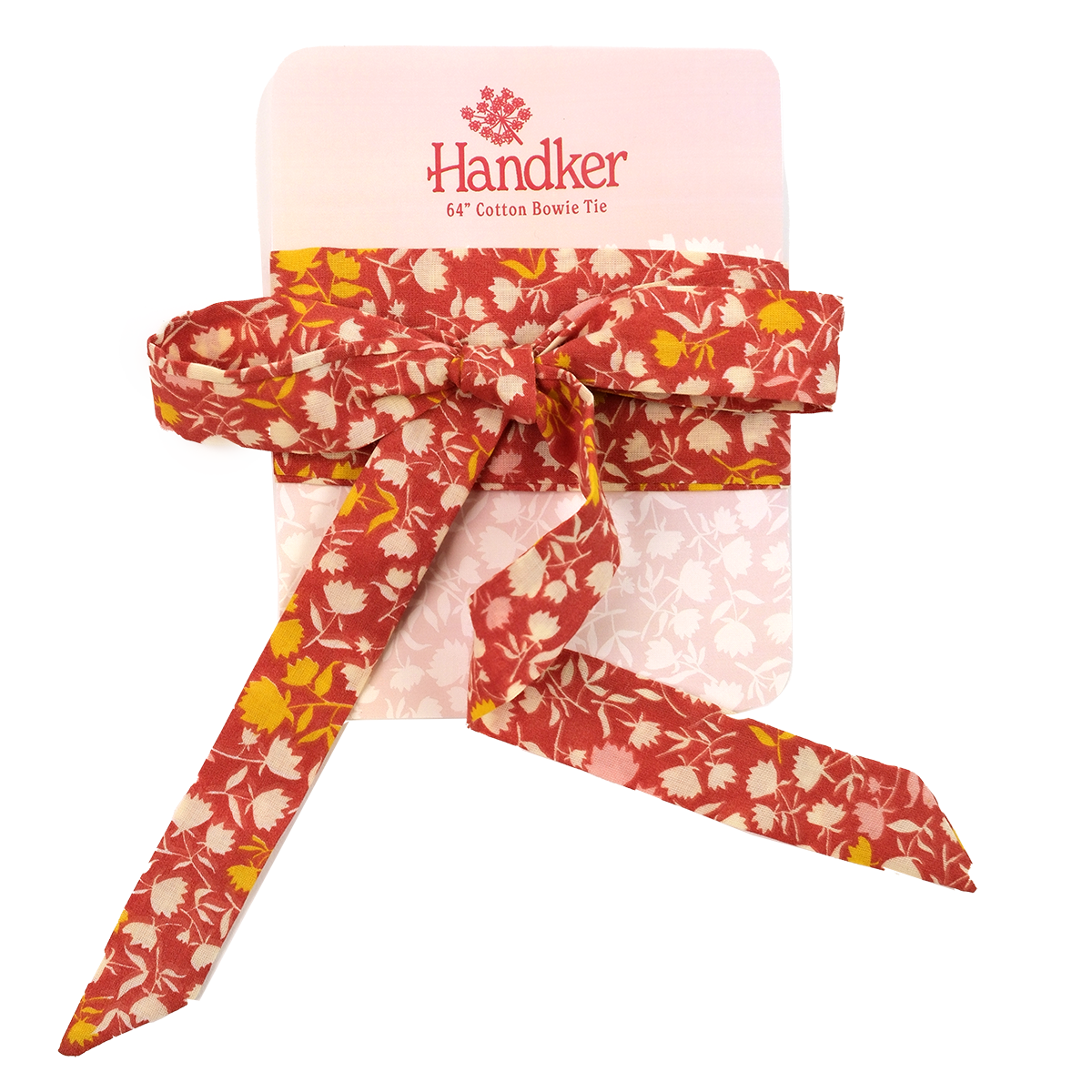 Red floral cotton Bowie tie, tied in a bow on a display card labeled 'Handker' '64" Cotton Bowie Tie'.