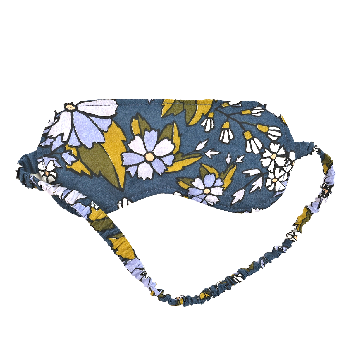 Floral sleep mask, blue fabric with white and lavender flowers and yellow-green leaves; gathered elastic strap.