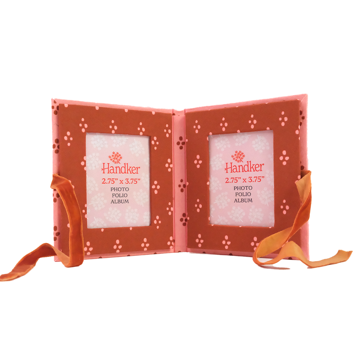 Handker standing photo folio album with pink and red patterned design and ribbon closure