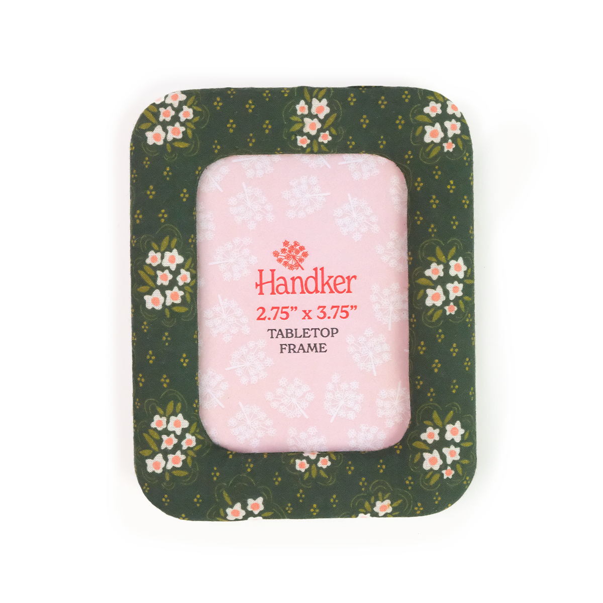 Handker standing fabric tabletop frame with green floral pattern
