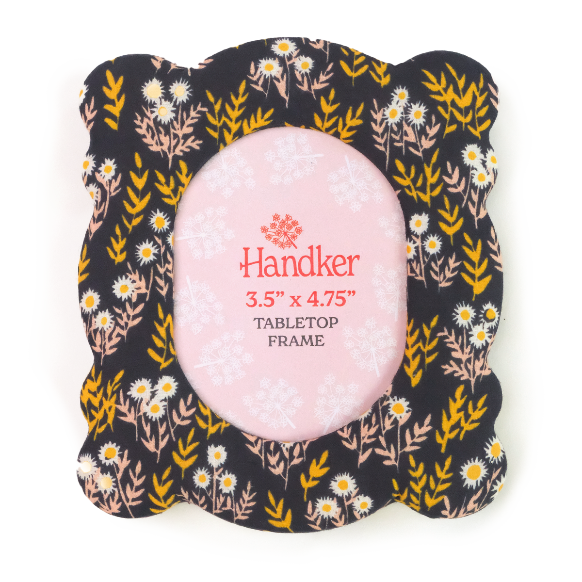 Standing fabric tabletop frame with nostalgic navy, pink, and yellow floral pattern
