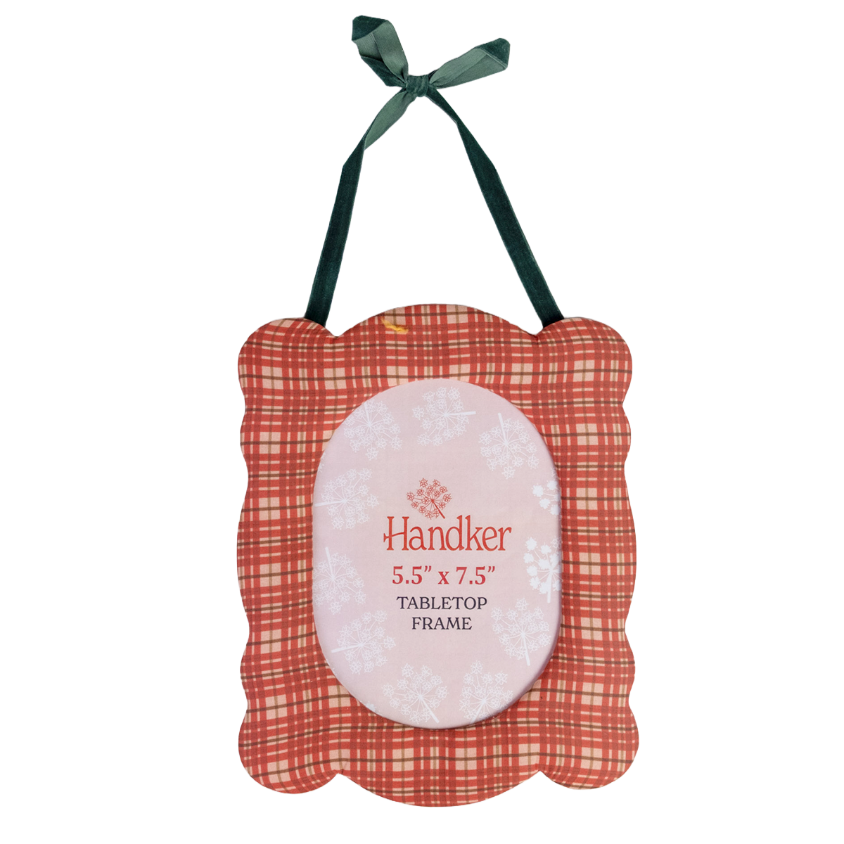 Front of Marley 8x10 fabric desktop frame with red and cream plaid cover, oval 5.5 in x 7.5 in opening and green ribbon