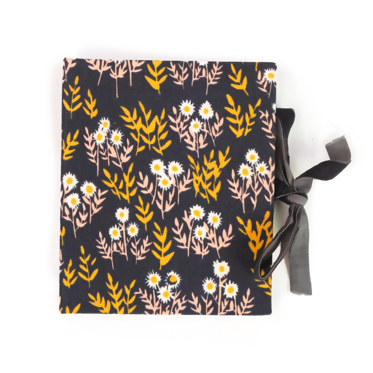 Floral-patterned fabric folio frame, closed and tied with a gray ribbon